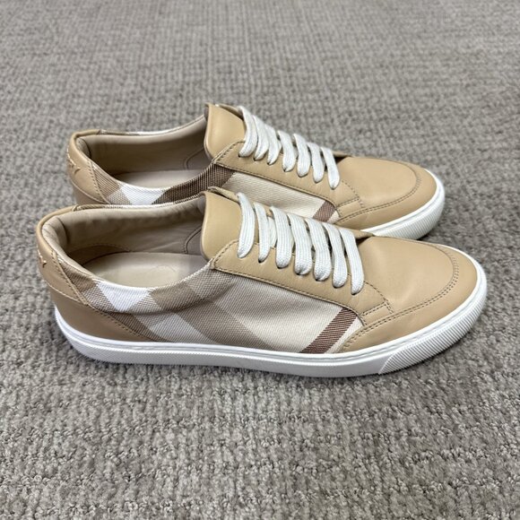 Burberry Check Cotton Leather Sneakers Tan Lace Up Women’s Size 38 US 8 - Picture 1 of 11
